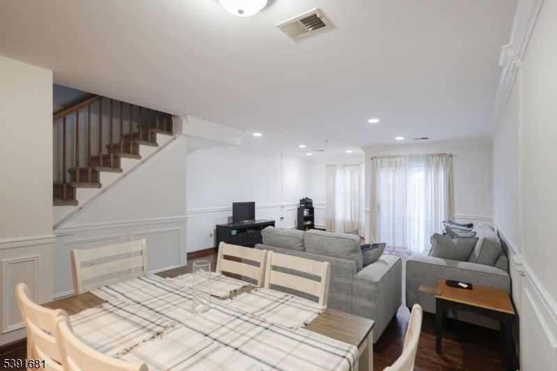 Dining room, Interior, Living room, Recessed Lighting, Wood Texture Flooring