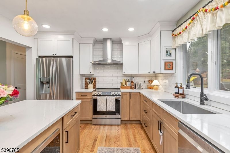 Interior, Kitchen, Pendant Lights, Recessed Lighting, Stainless Steel Appliances, Wood Texture Flooring
