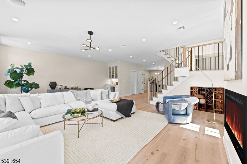 Fireplace, Interior, Living room, Pendant Lights, Recessed Lighting, Wood Texture Flooring