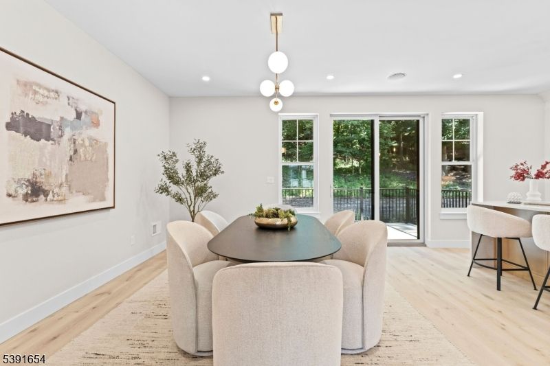 Dining room, Interior, Pendant Lights, Recessed Lighting, Wood Texture Flooring