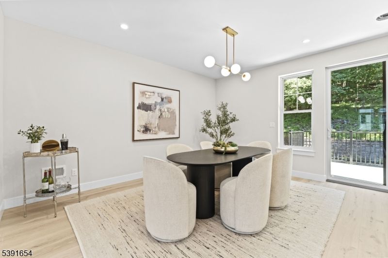 Dining room, Interior, Pendant Lights, Recessed Lighting, Wood Texture Flooring