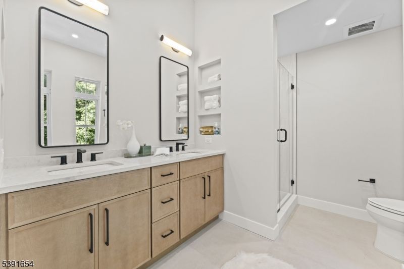 Bathroom, Dual Sink Vanities, Glass Shower, Interior, Recessed Lighting