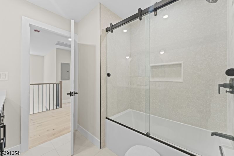 Bathroom, Glass Shower, Interior, Recessed Lighting, Wood Texture Flooring