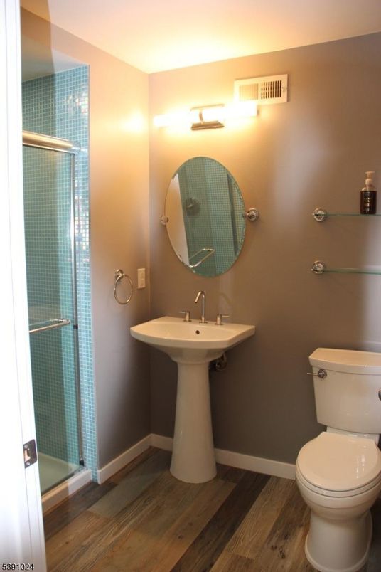 Bathroom, Glass Shower, Interior, Wood Texture Flooring