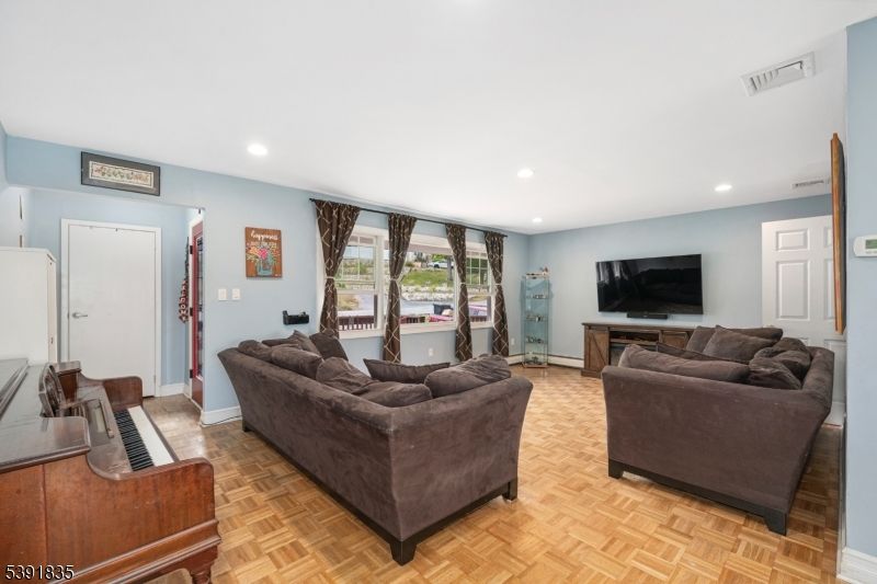 Interior, Living room, Piano, Recessed Lighting, Wood Texture Flooring