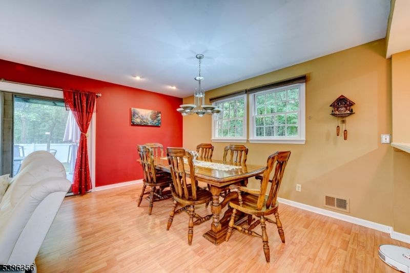 Dining room, Interior, Pendant Lights, Recessed Lighting, Wood Texture Flooring