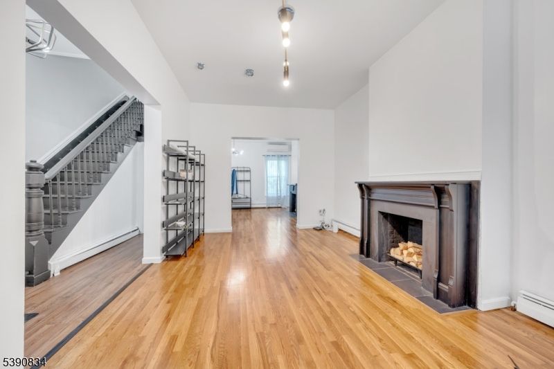 Fireplace, Interior, Pendant Lights, Wood Texture Flooring