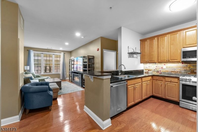 Interior, Kitchen, Living room, Recessed Lighting, Stainless Steel Appliances, Wood Texture Flooring