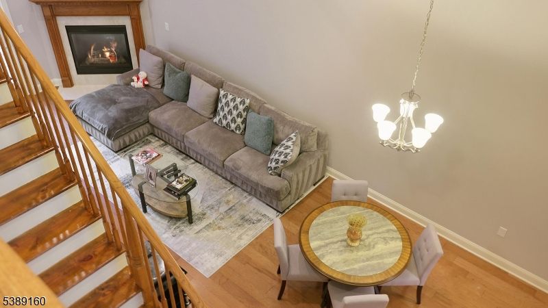 Dining room, Fireplace, Interior, Living room, Pendant Lights, Wood Texture Flooring