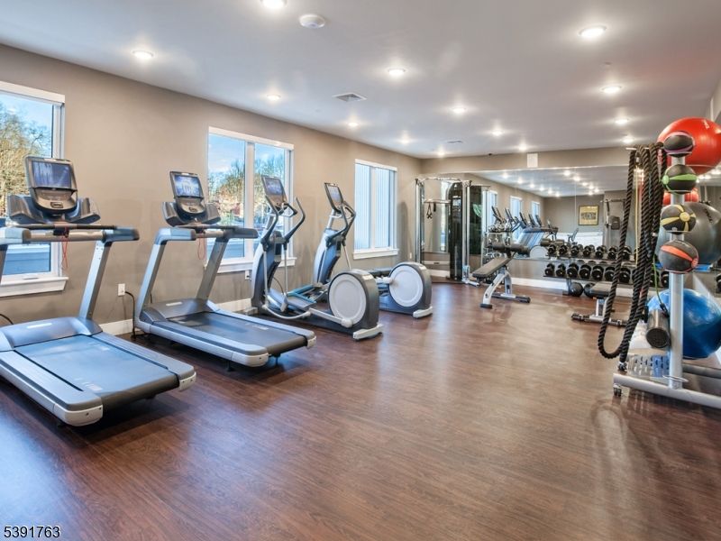 Fitness Equipment, Gym, Interior, Recessed Lighting, Wood Texture Flooring