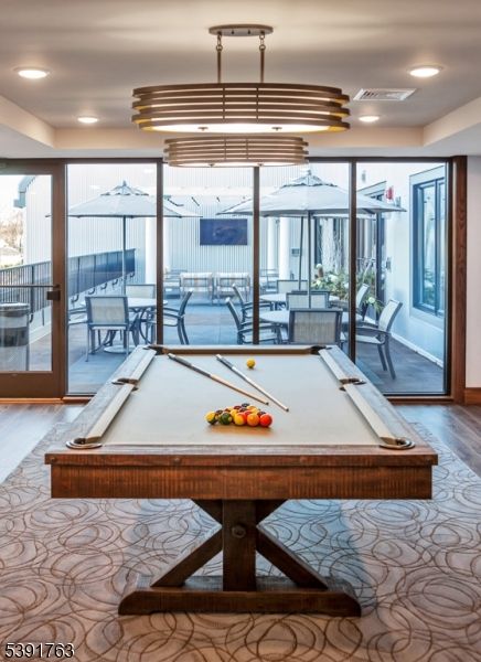 Billiard Table, Game Room, Interior, Recessed Lighting, Wood Texture Flooring