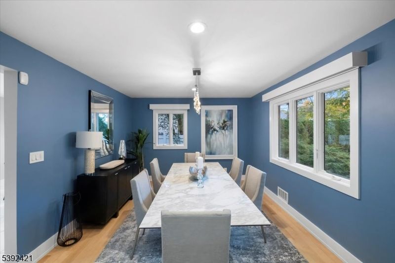 Dining room, Interior, Pendant Lights, Recessed Lighting, Wood Texture Flooring