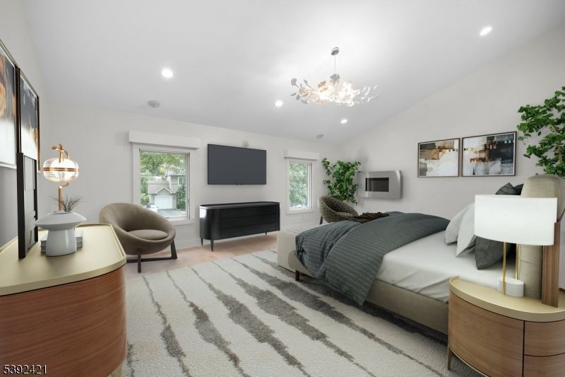 Bedroom, Chandelier, Interior, Recessed Lighting, Wood Texture Flooring