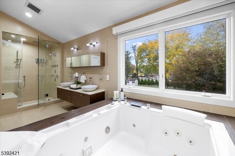 Bathroom, Dual Sink Vanities, Glass Shower, Interior, Recessed Lighting, Wood Texture Flooring