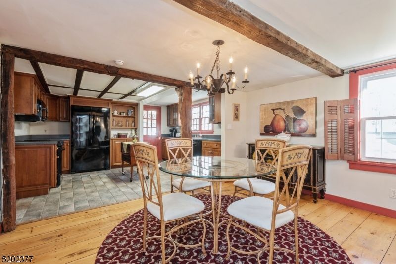 Chandelier, Dining room, Interior, Kitchen, Wooden Beams, Wood Texture Flooring