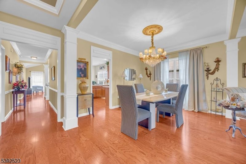 Chandelier, Dining room, Interior, Wood Texture Flooring