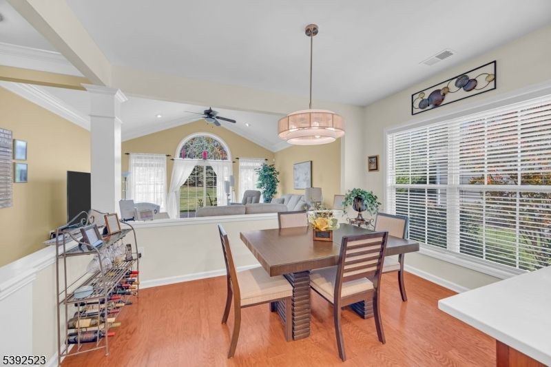 Dining room, Interior, Living room, Pendant Lights, Recessed Lighting, Wood Texture Flooring