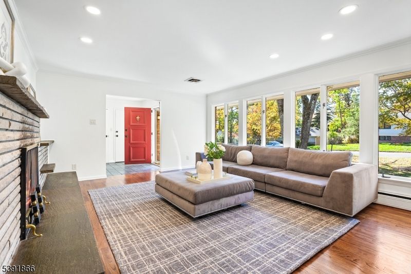 Fireplace, Interior, Living room, Recessed Lighting, Wood Texture Flooring