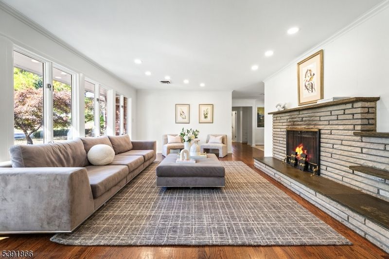 Fireplace, Interior, Living room, Recessed Lighting, Wood Texture Flooring