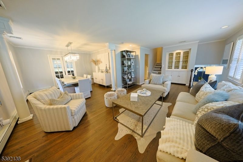 Dining room, Interior, Living room, Recessed Lighting, Wood Texture Flooring