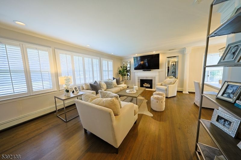 Fireplace, Interior, Living room, Recessed Lighting, Wood Texture Flooring