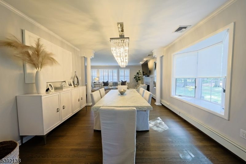 Chandelier, Dining room, Interior, Wood Texture Flooring