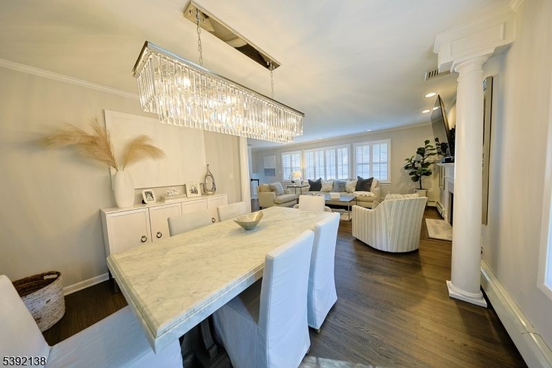 Chandelier, Dining room, Interior, Living room, Recessed Lighting, Wood Texture Flooring