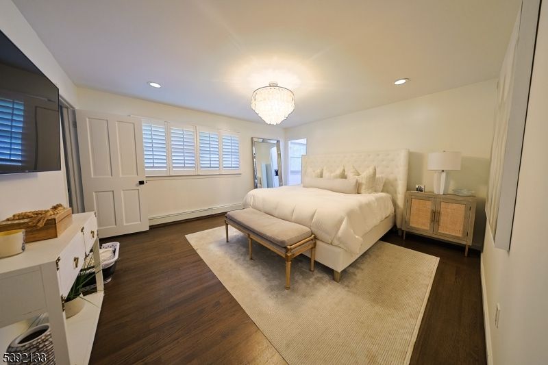 Bedroom, Chandelier, Interior, Recessed Lighting, Wood Texture Flooring