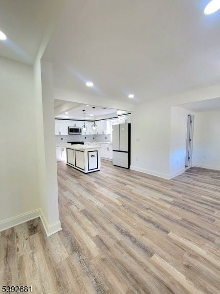 Empty room, Interior, Kitchen, Pendant Lights, Recessed Lighting, Wood Texture Flooring