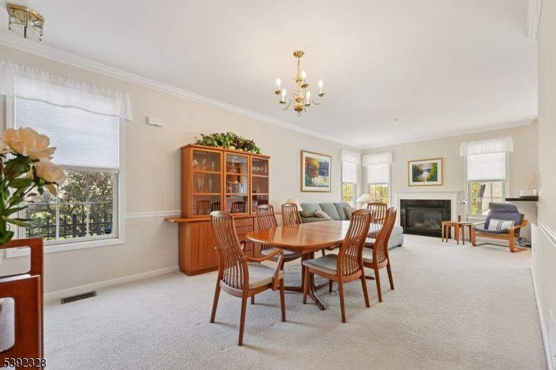 Chandelier, Dining room, Fireplace, Interior