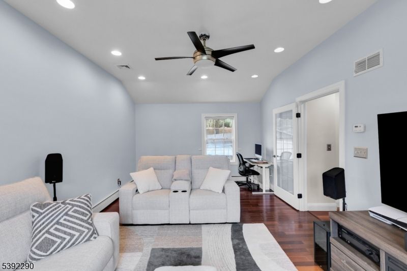 Home Office, Interior, Living room, Recessed Lighting, Wood Texture Flooring