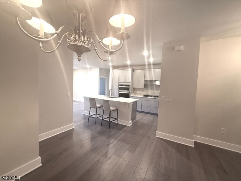 Chandelier, Interior, Kitchen, Stainless Steel Appliances, Wood Texture Flooring
