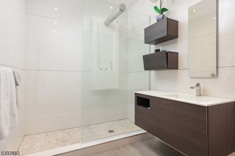 Bathroom, Glass Shower, Interior, Recessed Lighting, Wood Texture Flooring
