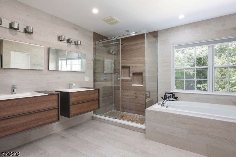 Bathroom, Dual Sink Vanities, Glass Shower, Interior, Recessed Lighting, Wood Texture Flooring