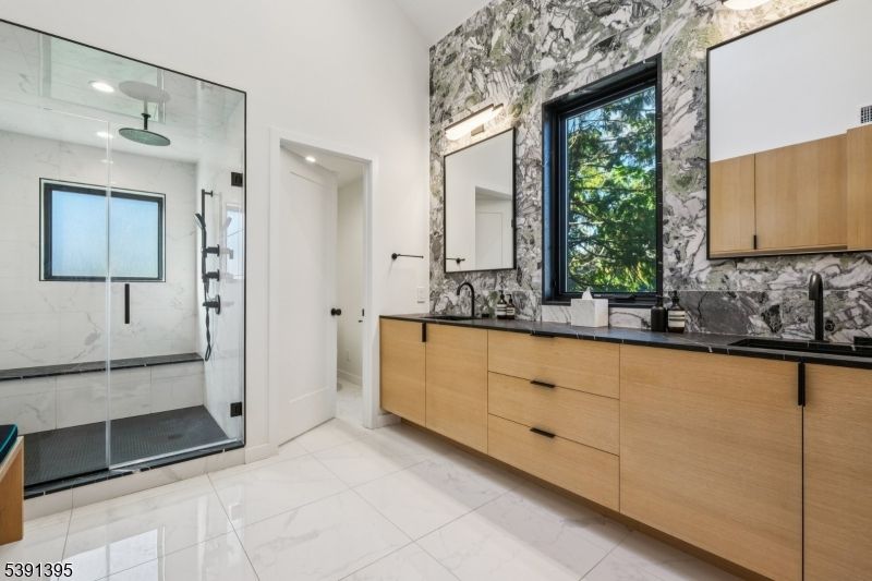 Bathroom, Dual Sink Vanities, Glass Shower, Interior, Marble Walls, Recessed Lighting