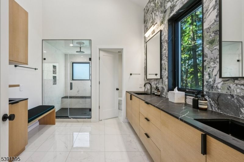 Bathroom, Dual Sink Vanities, Glass Shower, Interior, Marble, Marble Walls