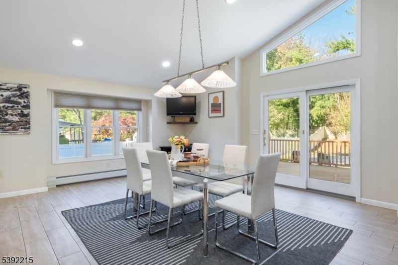 Dining room, Interior, Pendant Lights, Recessed Lighting, Wood Texture Flooring