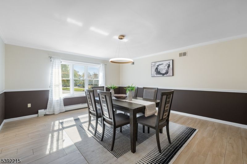 Dining room, Interior, Pendant Lights, Wood Texture Flooring
