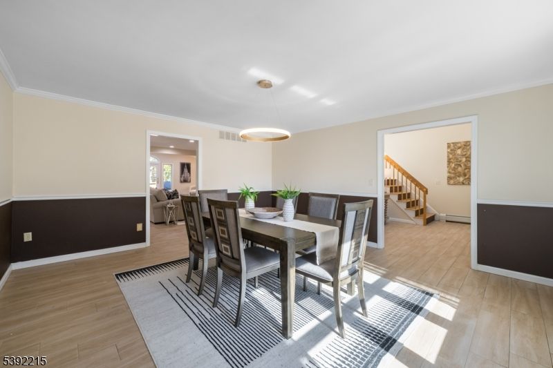 Dining room, Interior, Pendant Lights, Wood Texture Flooring