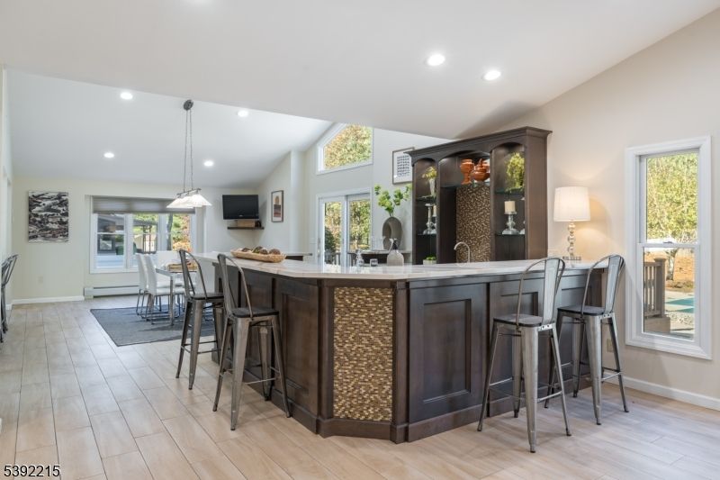 Dining room, Interior, Pendant Lights, Recessed Lighting, Wood Texture Flooring