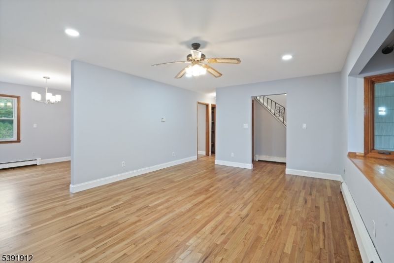 Chandelier, Empty room, Interior, Recessed Lighting, Wood Texture Flooring