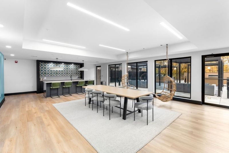 Dining room, Interior, Pendant Lights, Recessed Lighting, Wood Texture Flooring