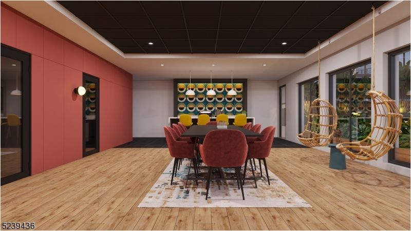 Dining room, Interior, Recessed Lighting, Wood Texture Flooring