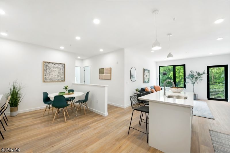Dining room, Interior, Pendant Lights, Recessed Lighting, Wood Texture Flooring