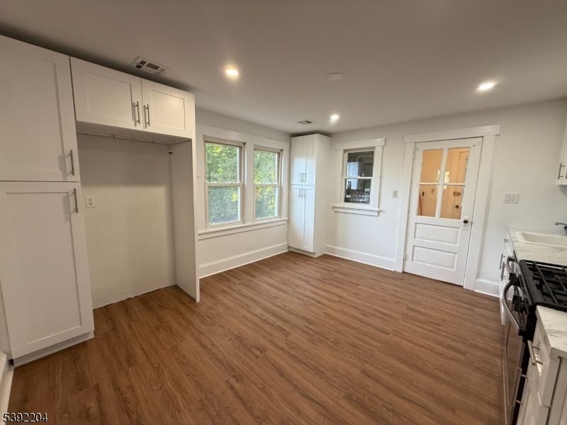 Empty room, Interior, Kitchen, Recessed Lighting, Wood Texture Flooring