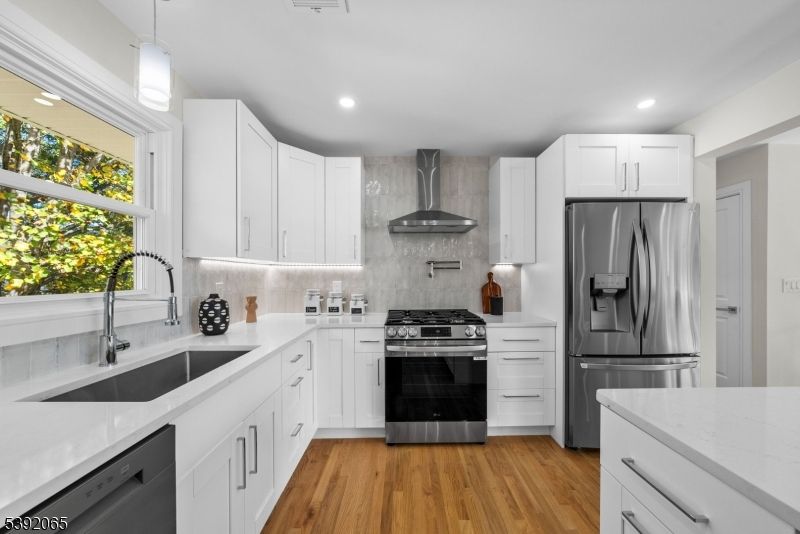 Interior, Kitchen, Pendant Lights, Recessed Lighting, Stainless Steel Appliances, Wood Texture Flooring