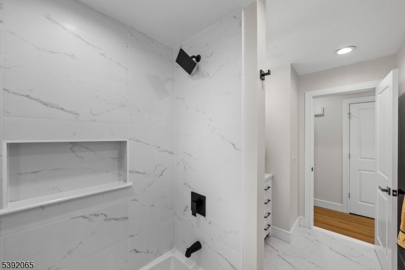 Bathroom, Interior, Marble, Marble Walls, Recessed Lighting, Wood Texture Flooring