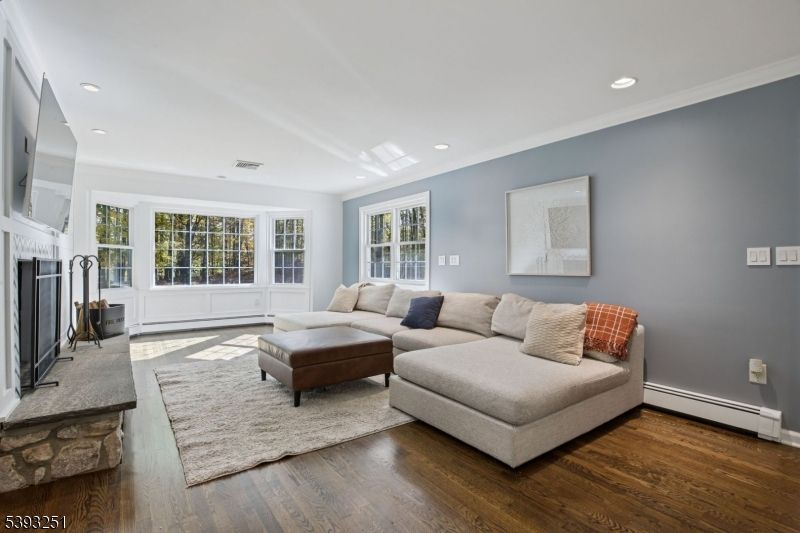 Fireplace, Interior, Living room, Recessed Lighting, Wood Texture Flooring