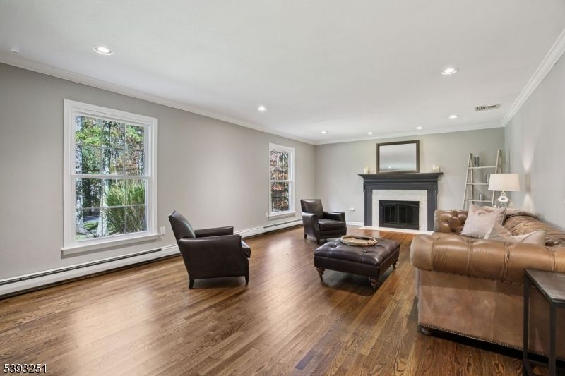 Fireplace, Interior, Living room, Recessed Lighting, Wood Texture Flooring