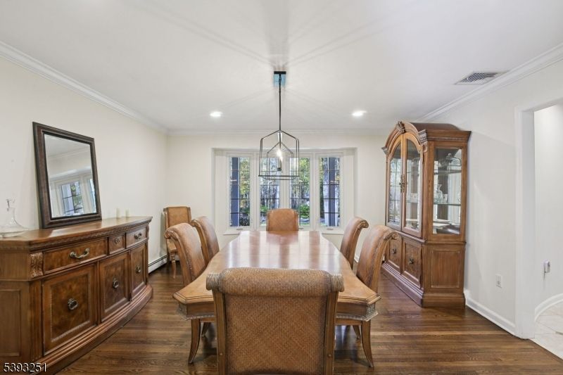 Dining room, Interior, Pendant Lights, Recessed Lighting, Wood Texture Flooring